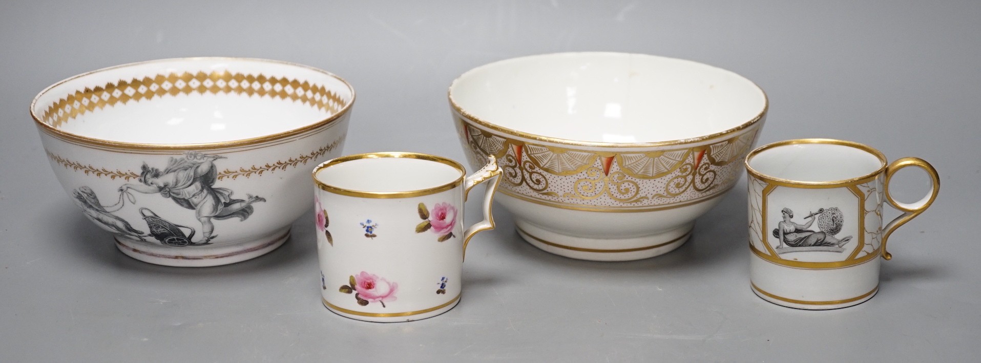 An interesting Regency porcelain bowl printed with two chariots, one pulled by sheep having a man perhaps from the aristocracy of the time, the other side with a woman in the chariot pulled by two birds, a Barr Worcester